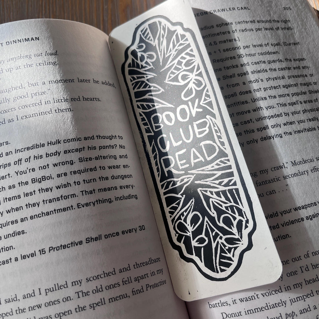 block printed book club read bookmark