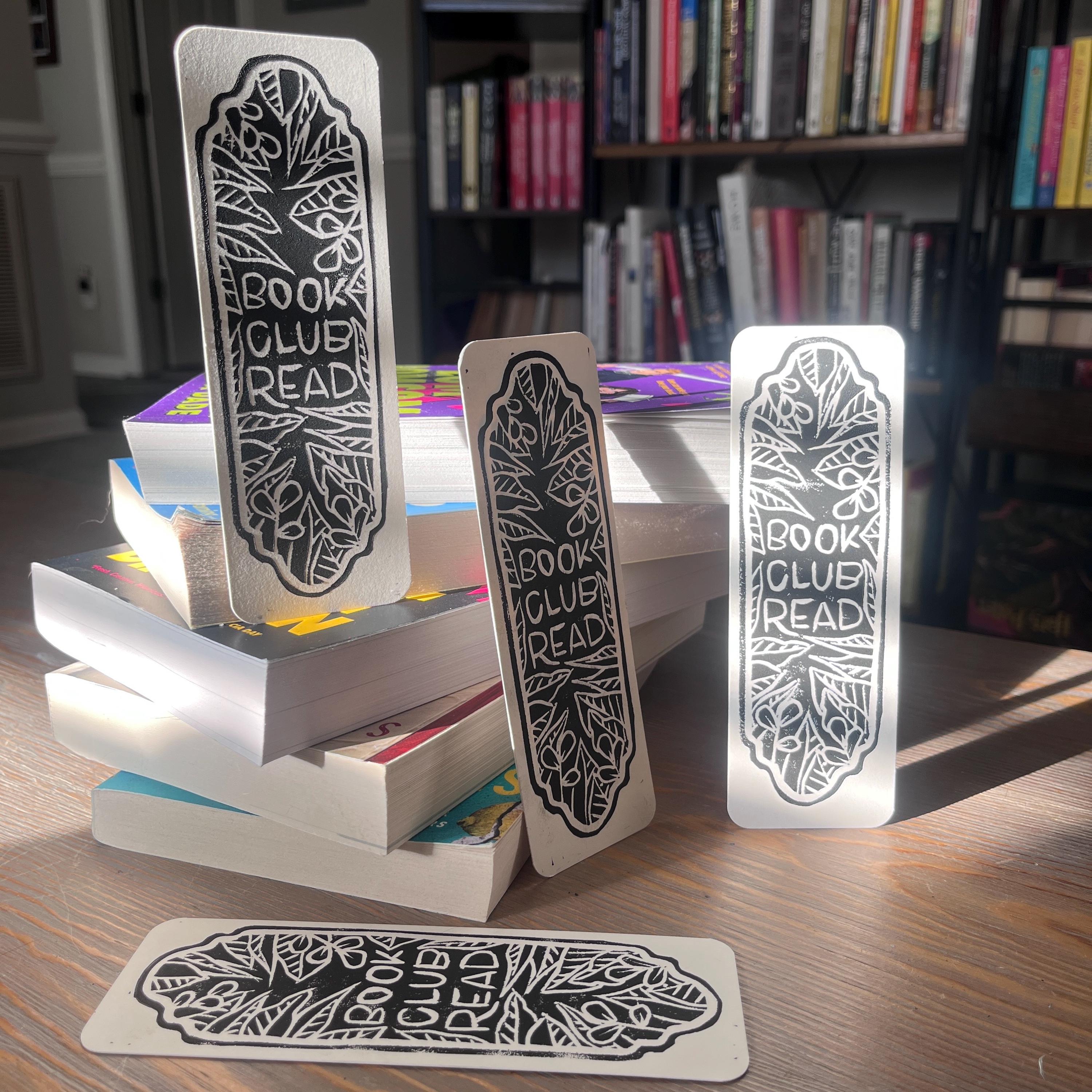 block printed book club read bookmark