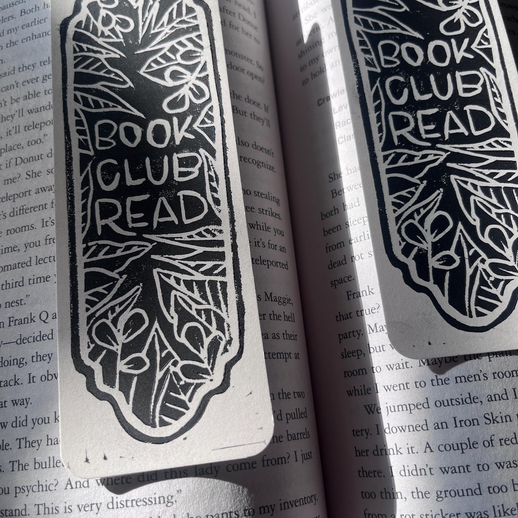 block printed book club read bookmark