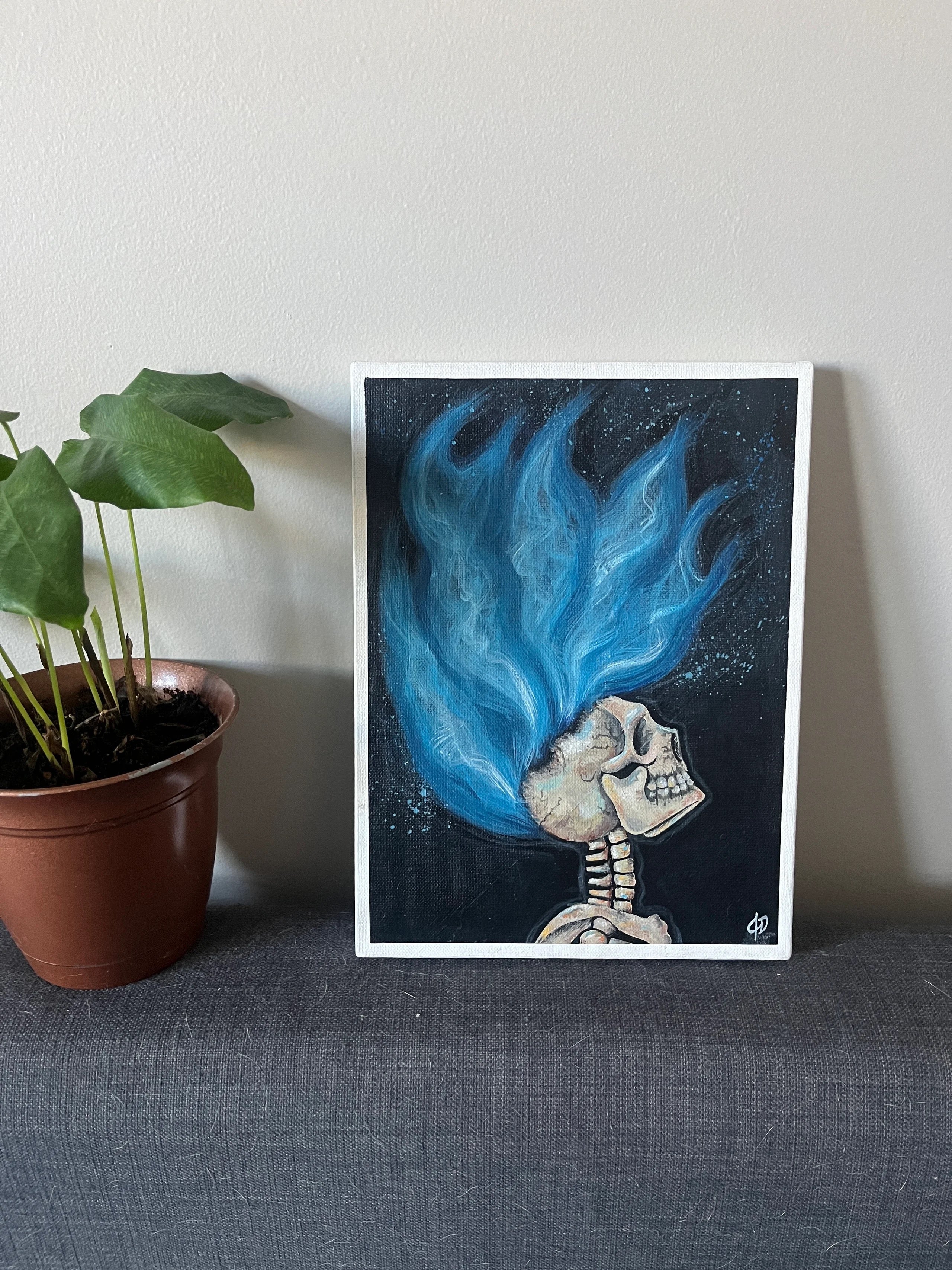 9x12” Blue Flame Skeleton Painting