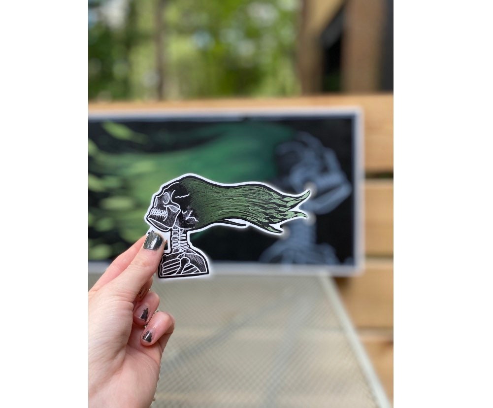Green Haired Windblown Skull Sticker