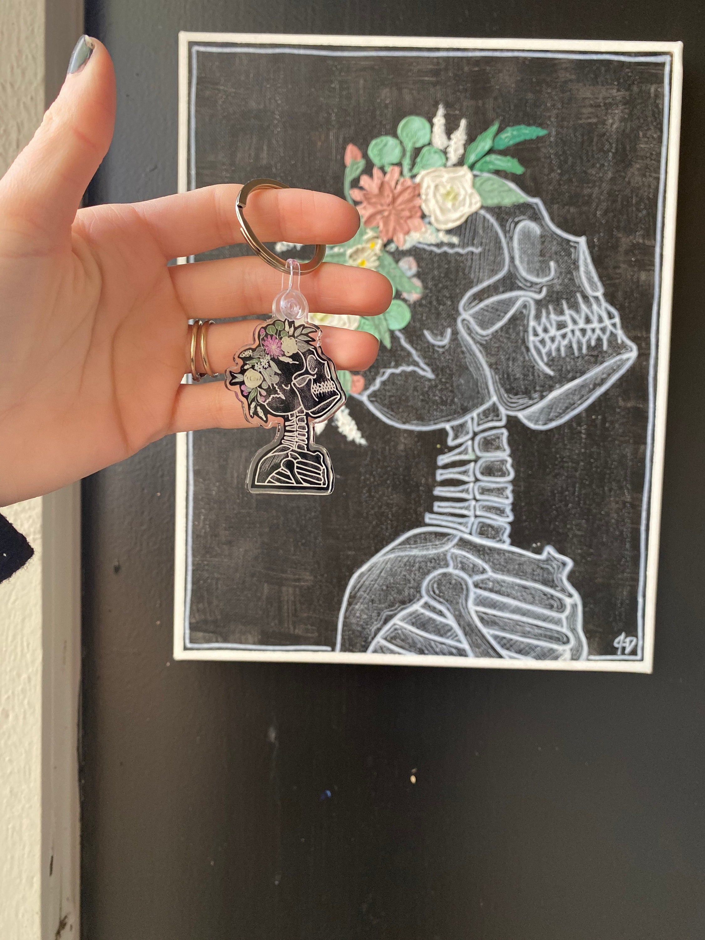 2" flower crown wearing skeleton acrylic keychain
