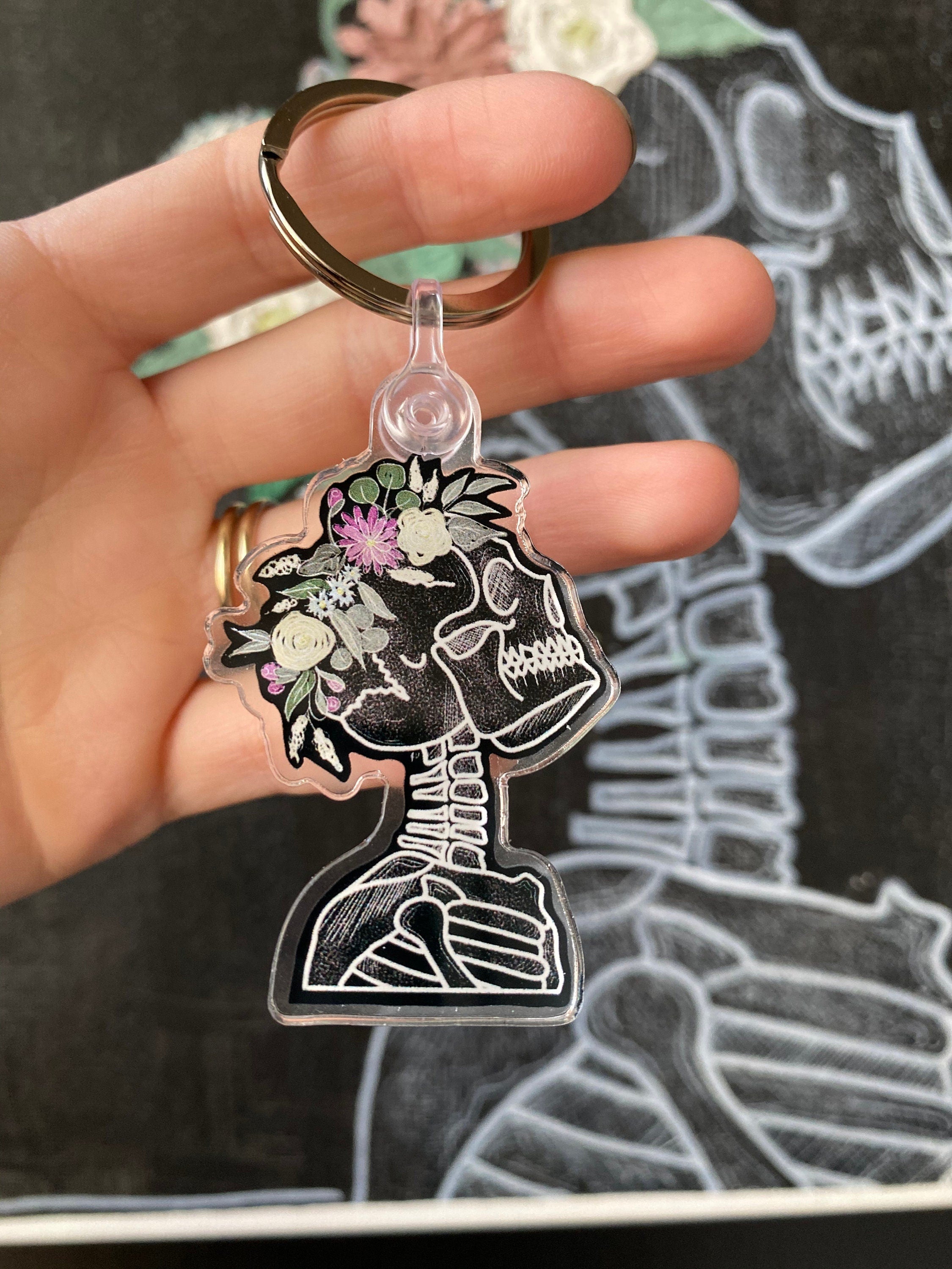 2" flower crown wearing skeleton acrylic keychain