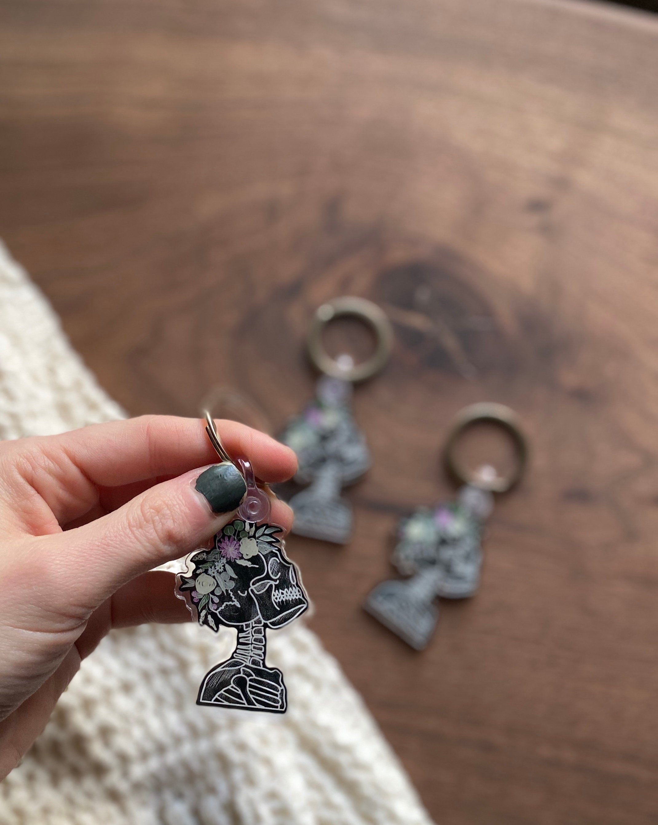 2" flower crown wearing skeleton acrylic keychain