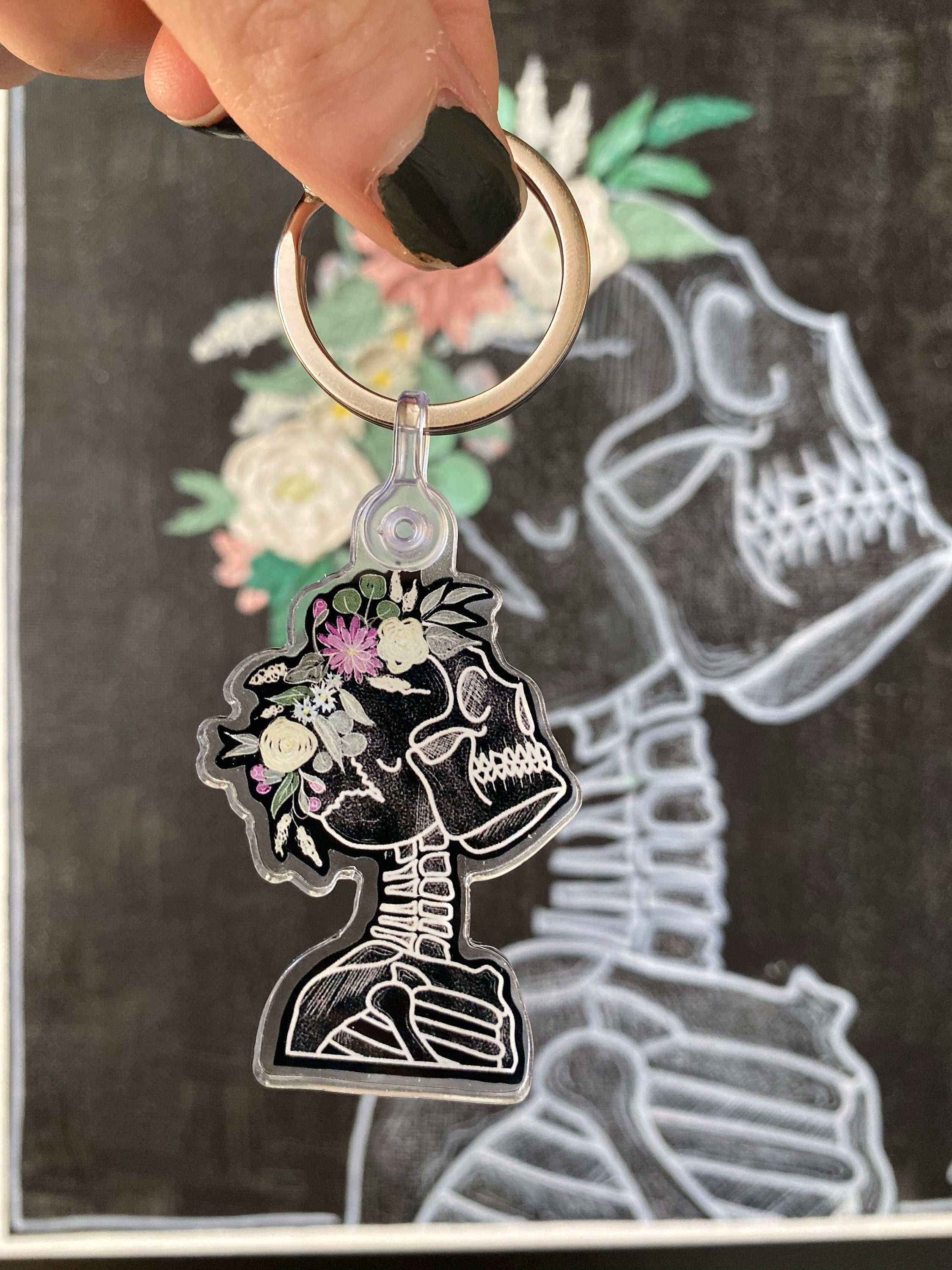 2" flower crown wearing skeleton acrylic keychain
