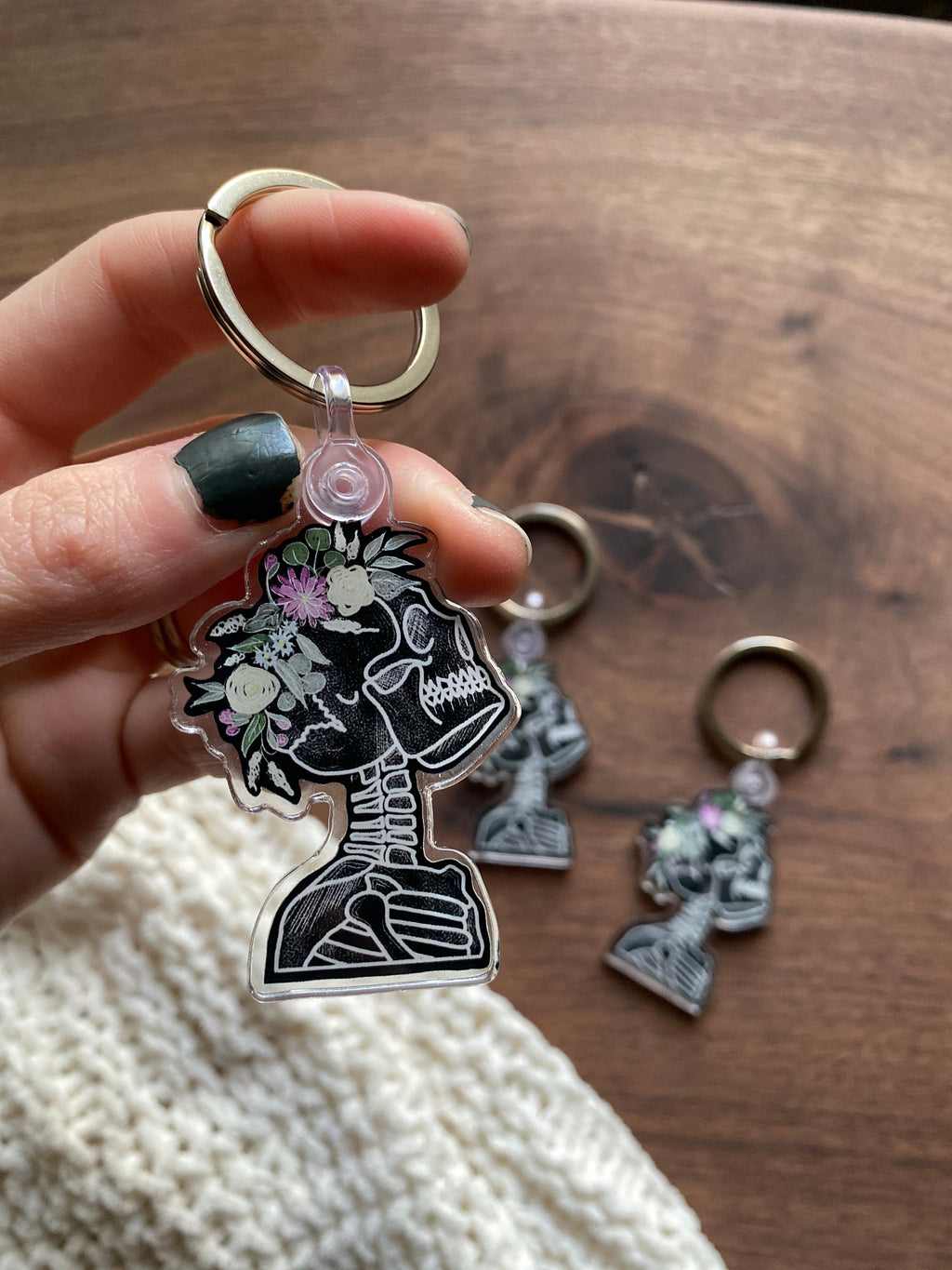 2" flower crown wearing skeleton acrylic keychain