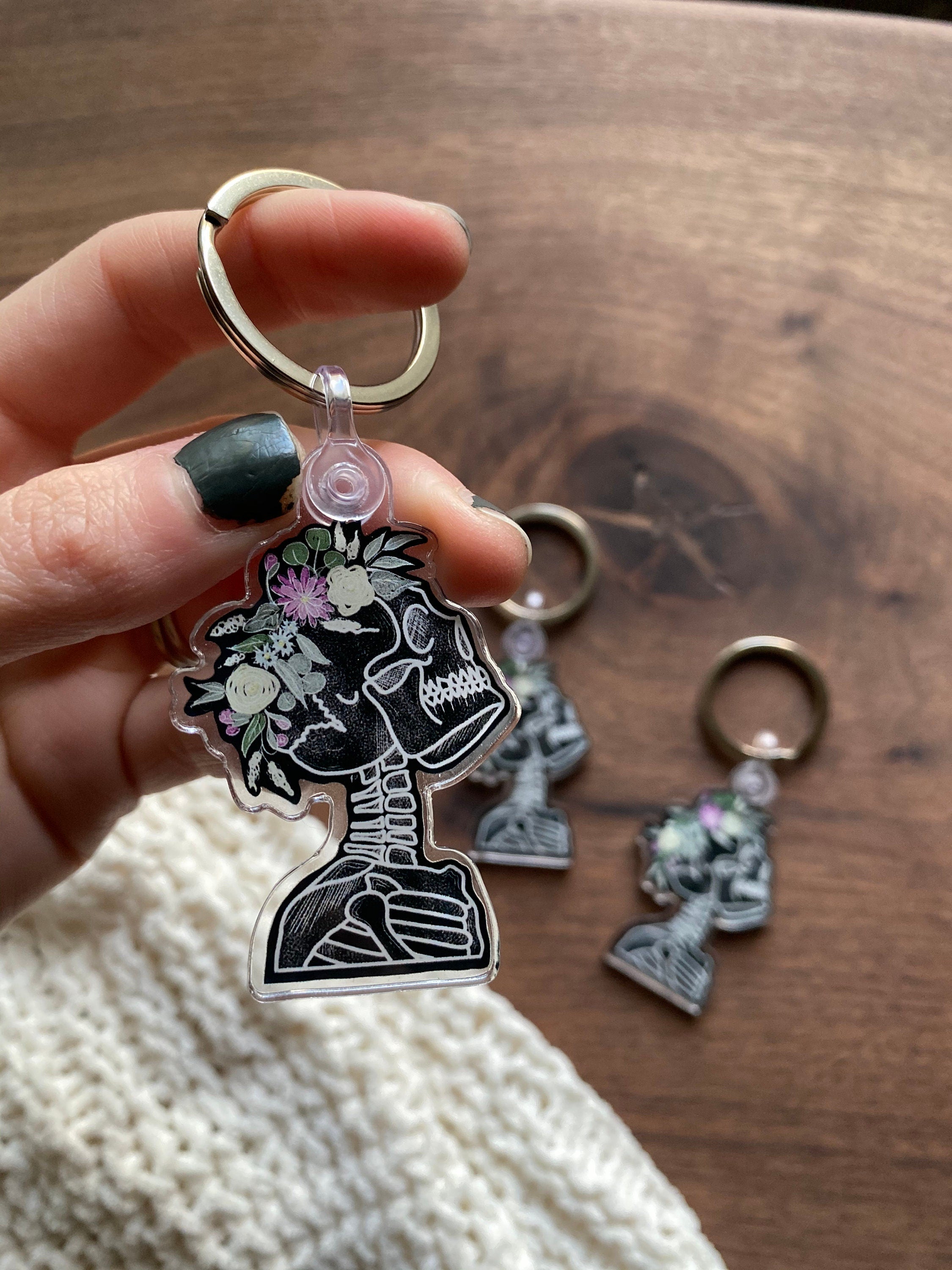2" flower crown wearing skeleton acrylic keychain