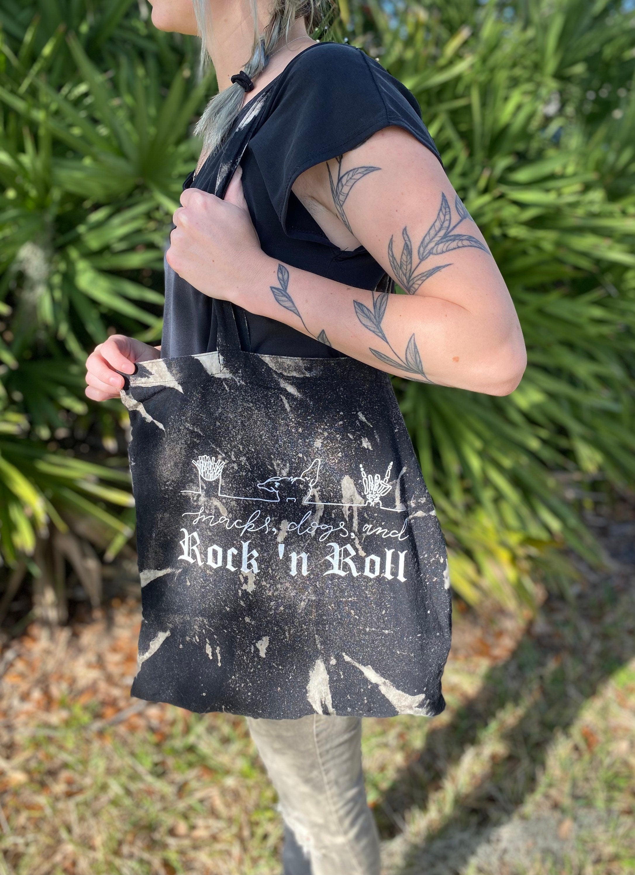 Snacks, dogs, and rock n roll tote bag