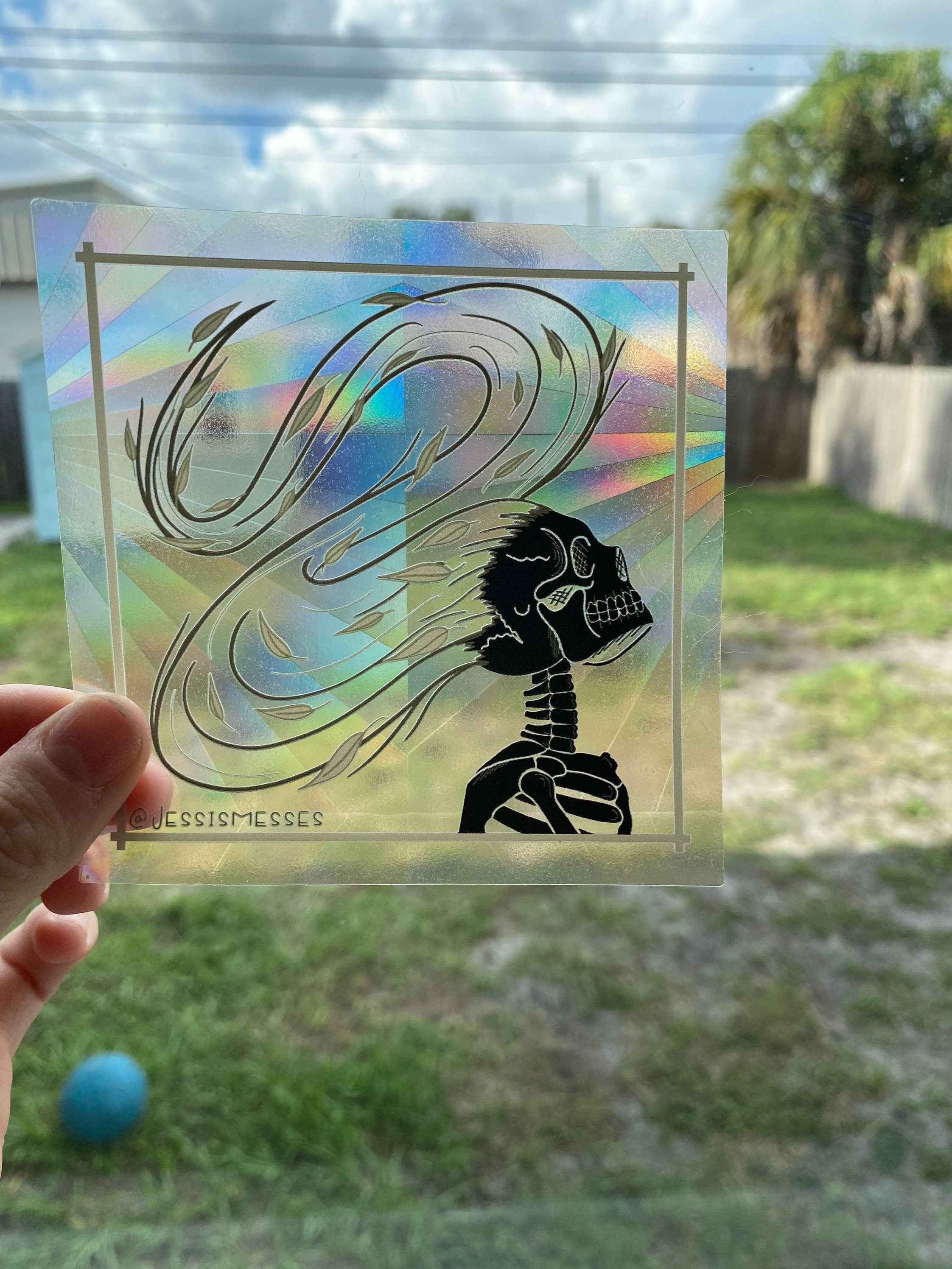 Skeleton Suncatcher: Leafy Hair Holographic Window Cling