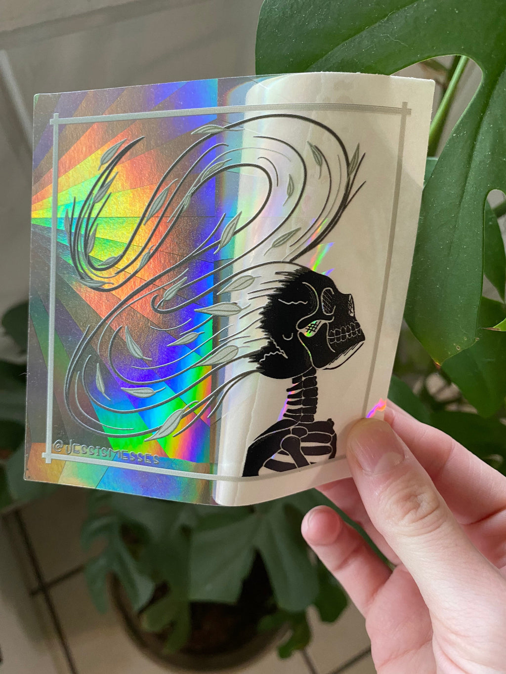 Skeleton Suncatcher: Leafy Hair Holographic Window Cling