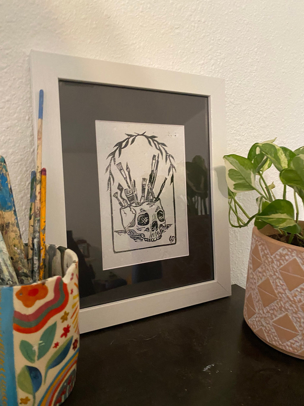 Handmade Skull Cup Art Print: Linocut Block Print, Matted 8x10