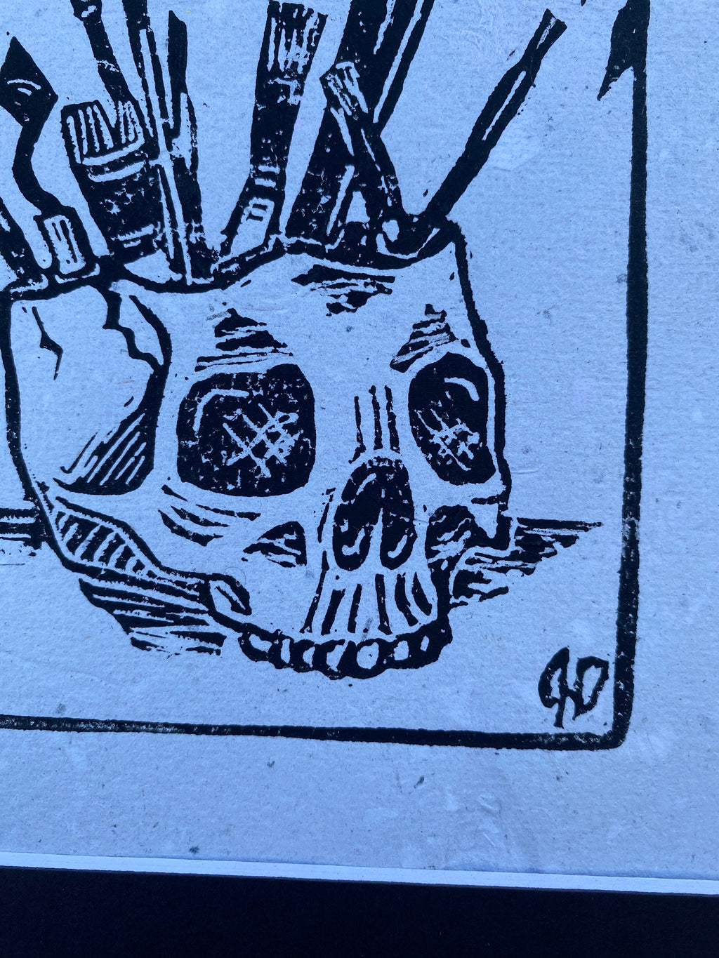 Handmade Skull Cup Art Print: Linocut Block Print, Matted 8x10