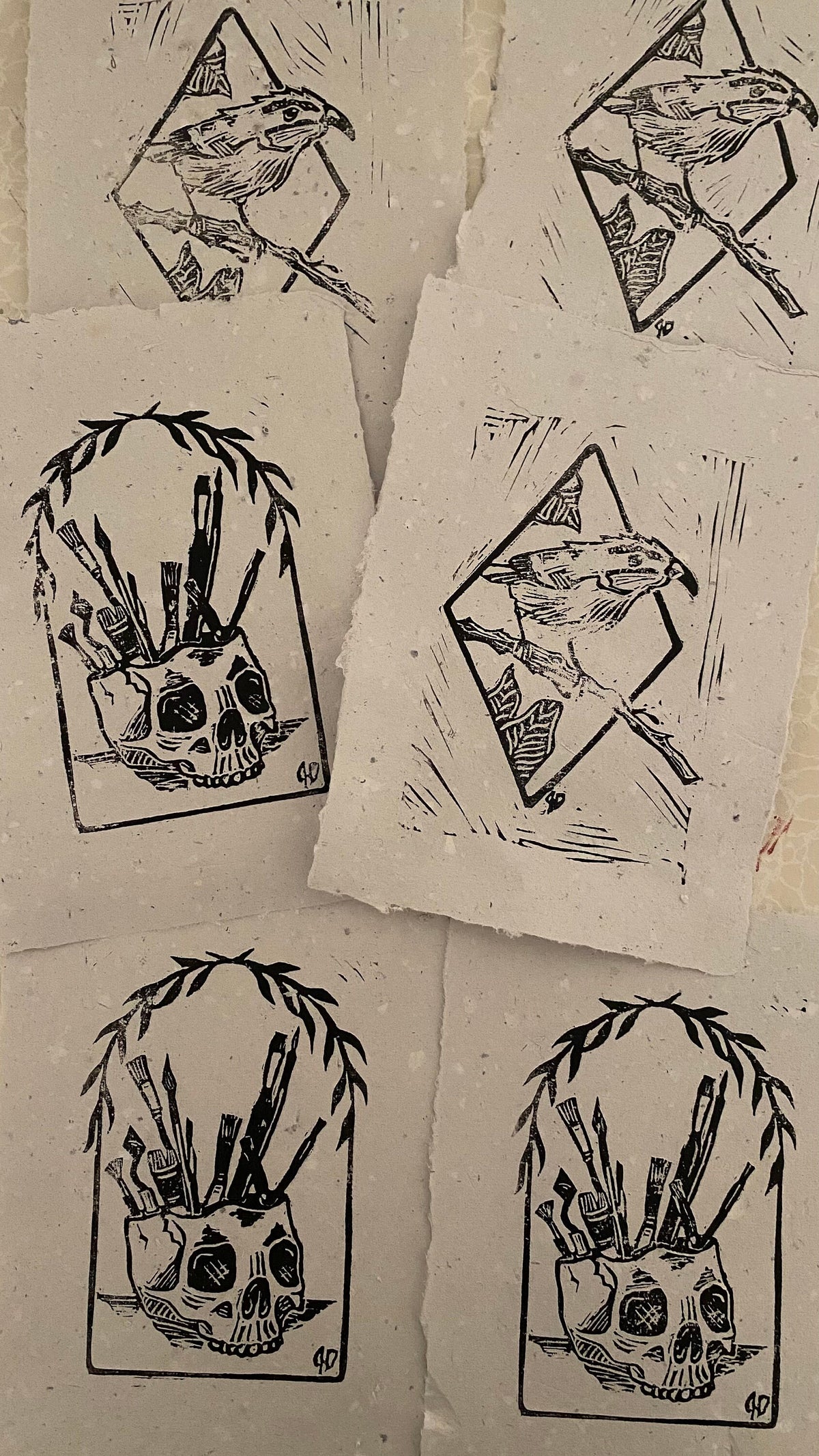 Handmade Skull Cup Art Print: Linocut Block Print, Matted 8x10