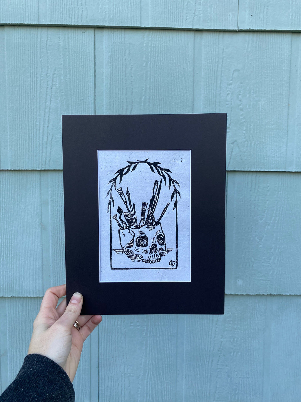 Handmade Skull Cup Art Print: Linocut Block Print, Matted 8x10