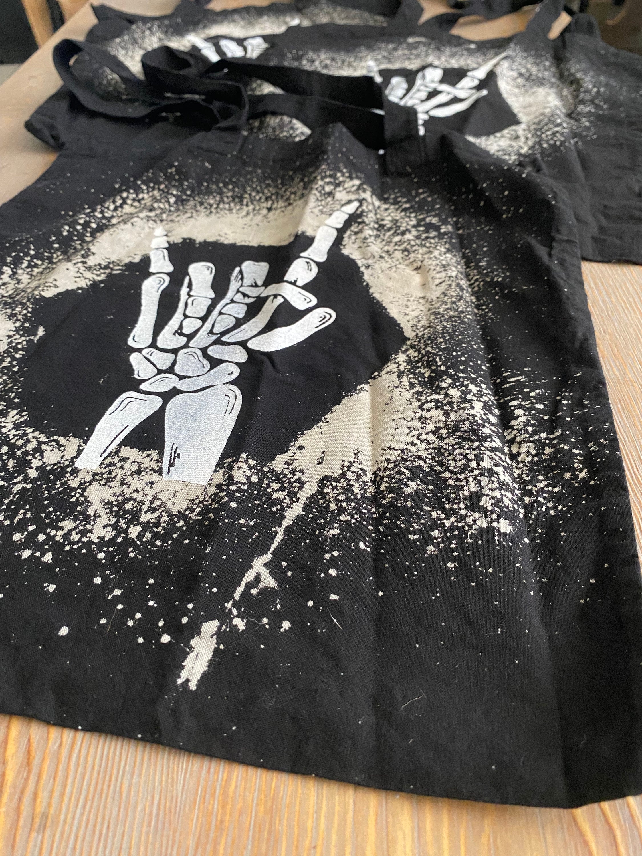 Bleach Dyed Rock On Skeleton Hand Tote Bag
