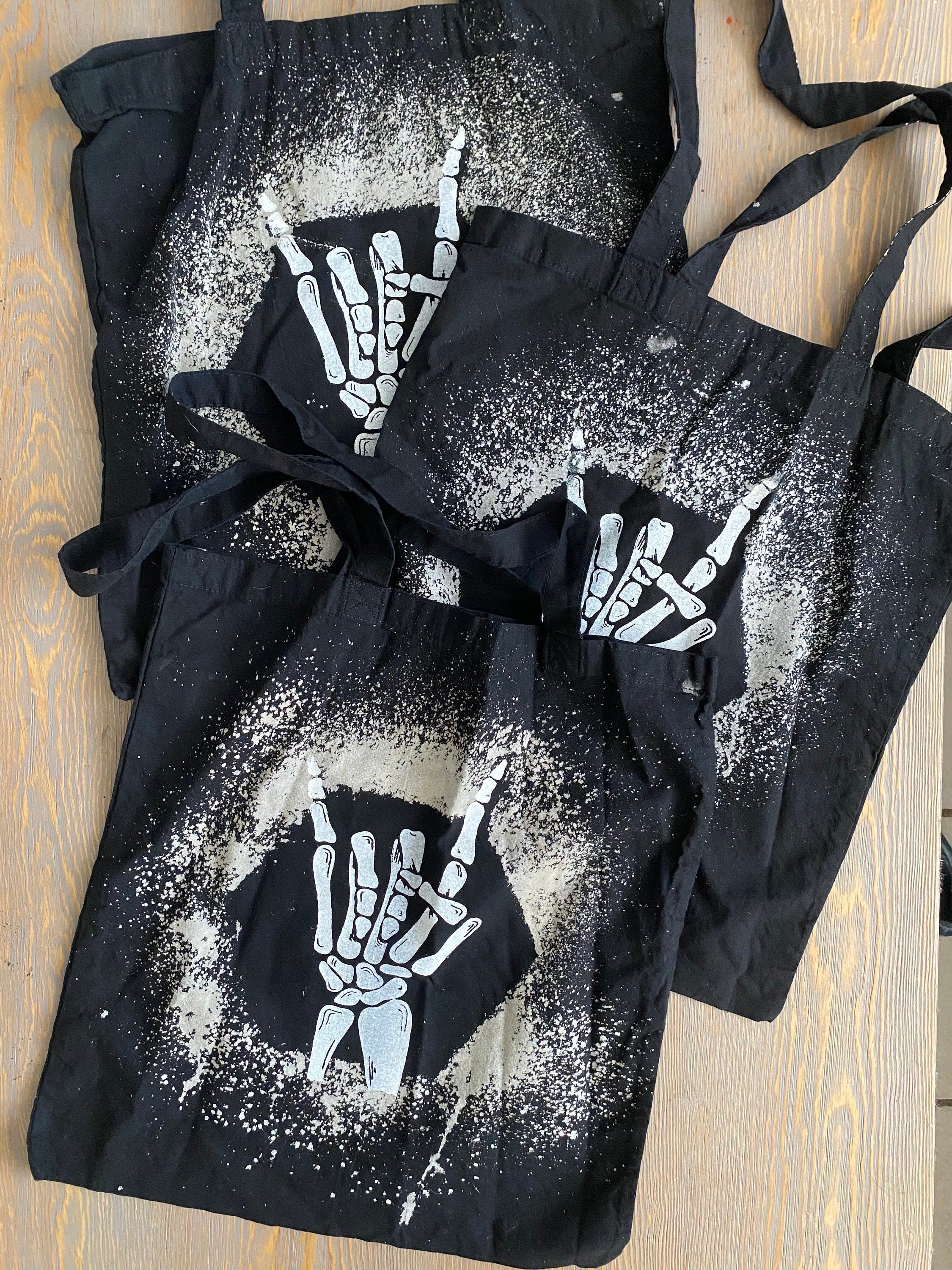 Bleach Dyed Rock On Skeleton Hand Tote Bag