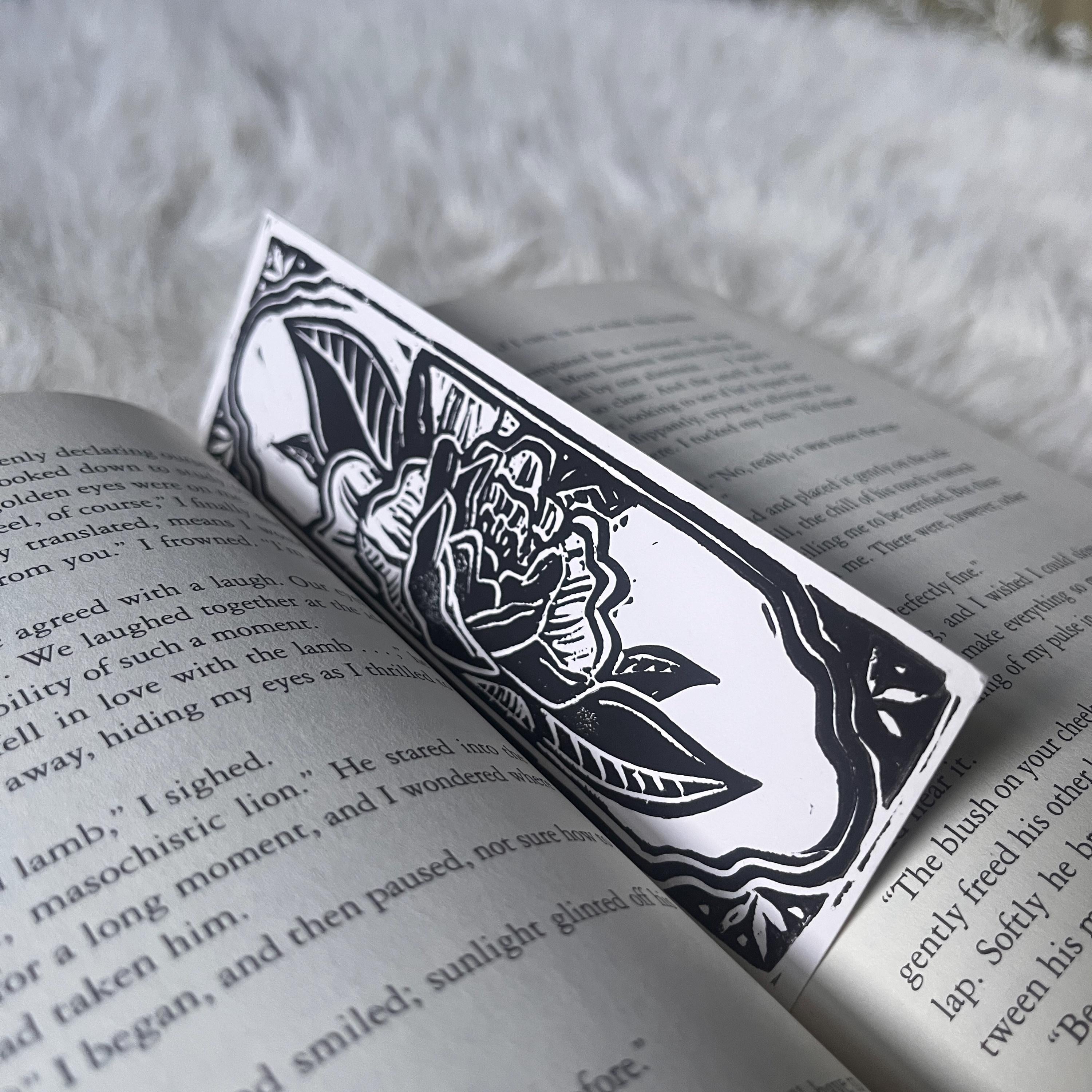 block printed peony bookmark - double sided