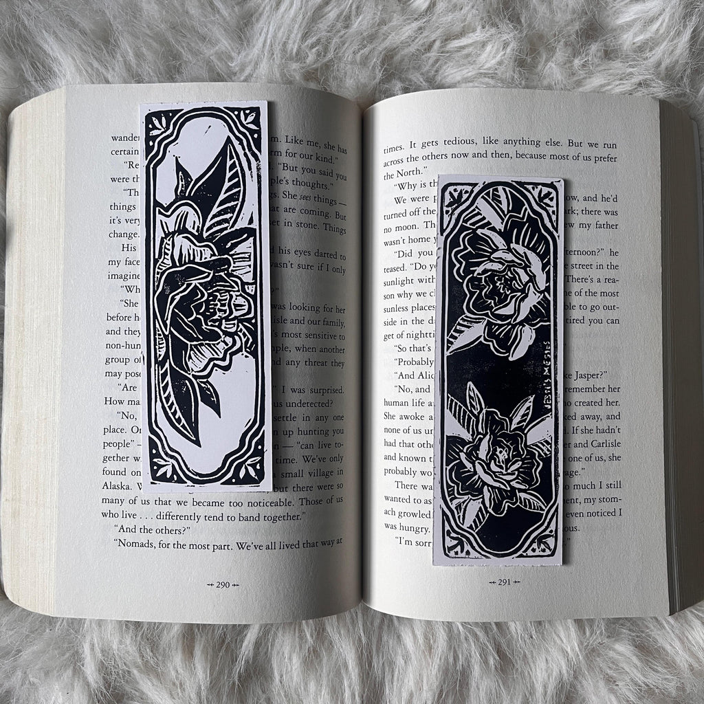 block printed peony bookmark - double sided