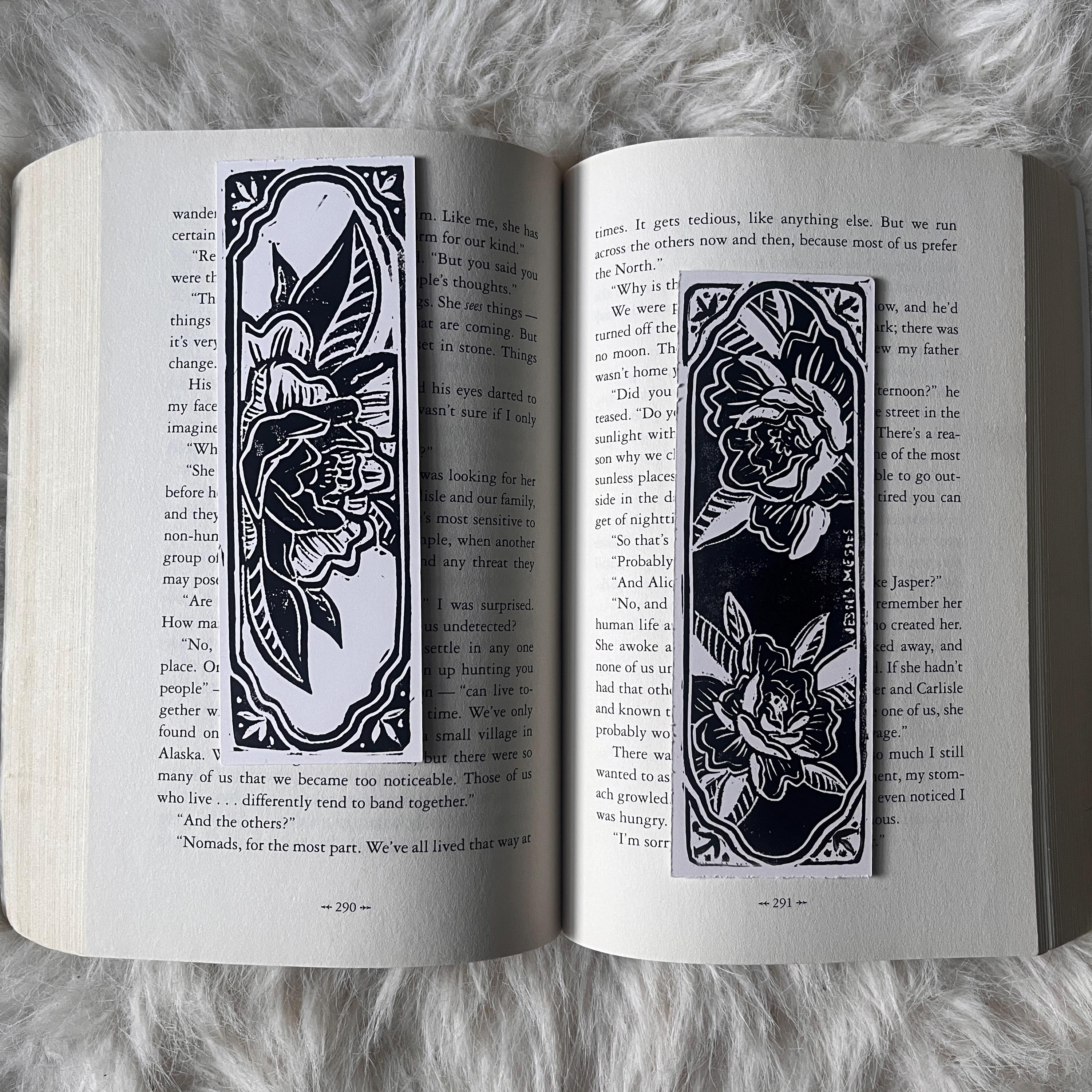 block printed peony bookmark - double sided