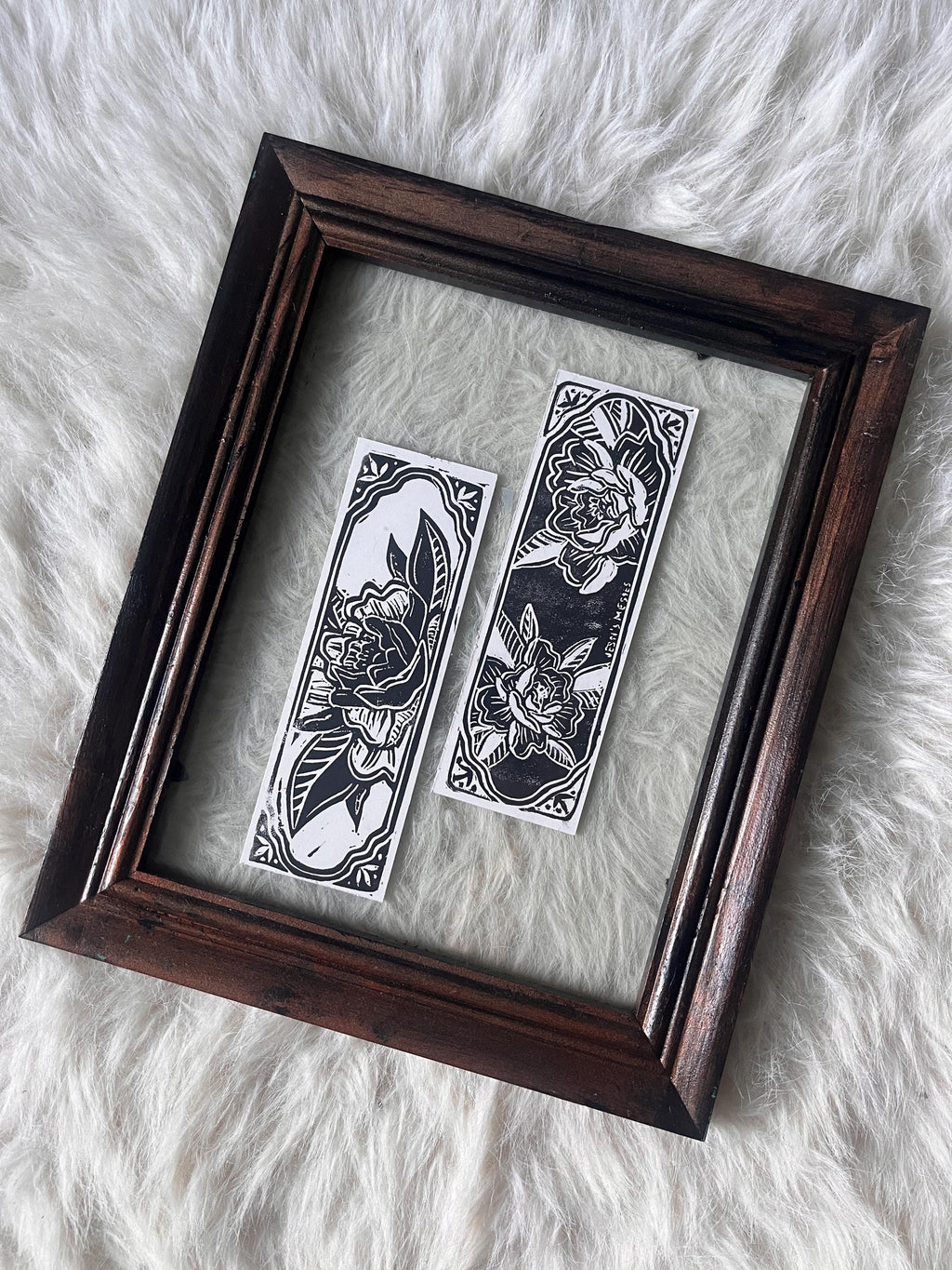 block printed peony bookmark - double sided
