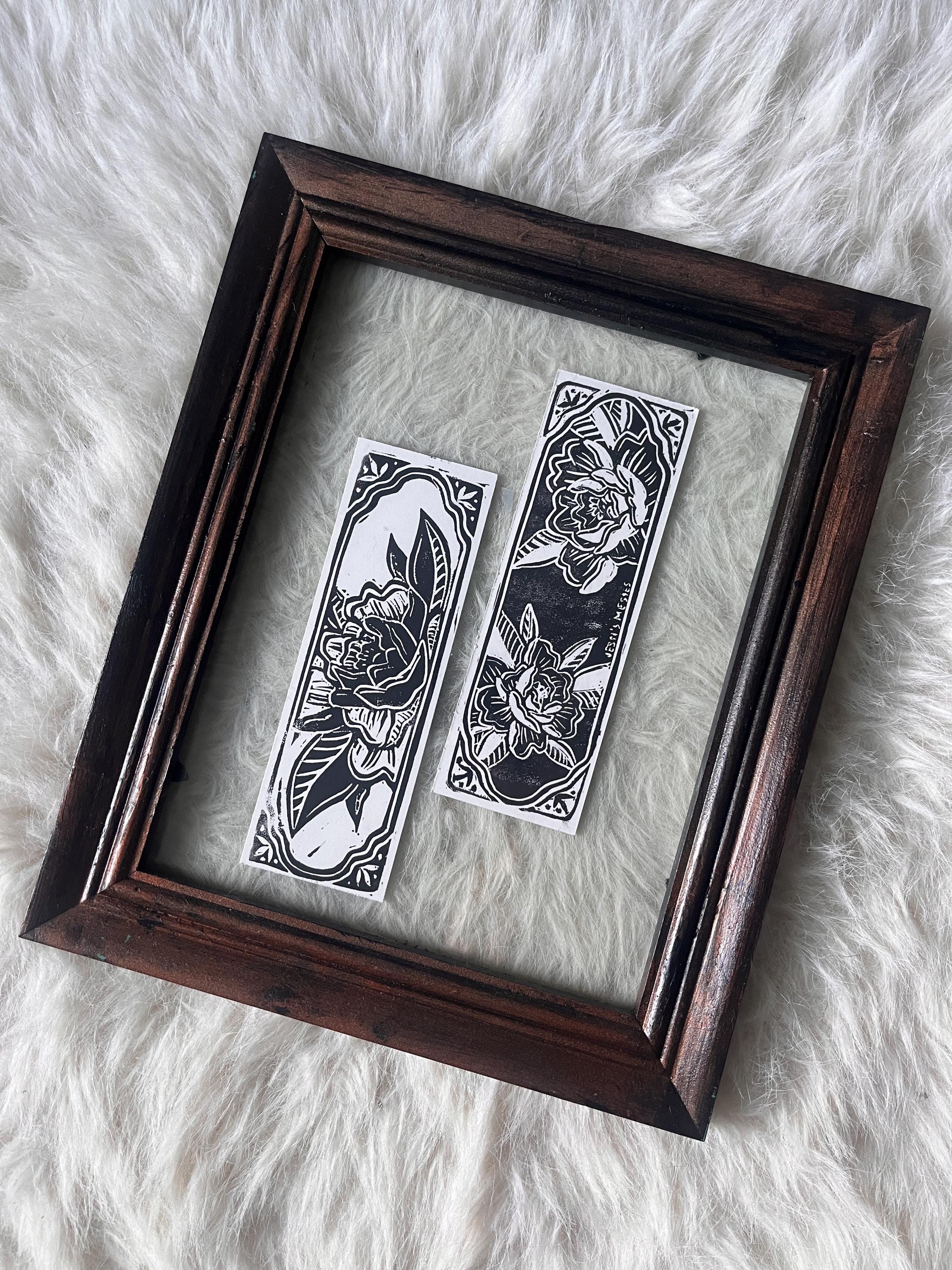 block printed peony bookmark - double sided