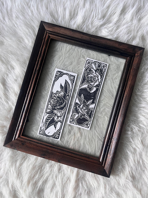 block printed peony bookmark - double sided