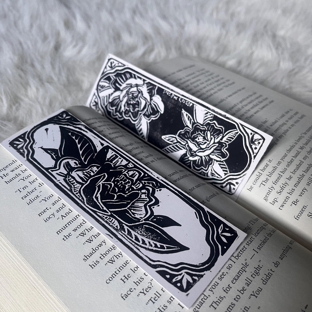 block printed peony bookmark - double sided