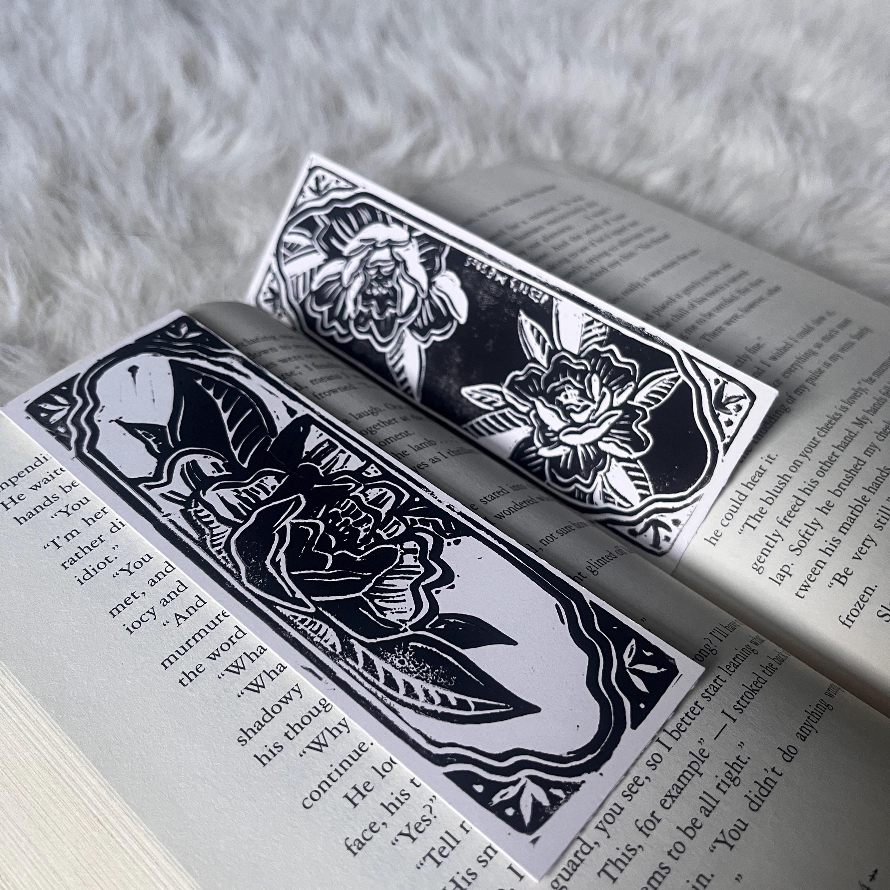block printed peony bookmark - double sided