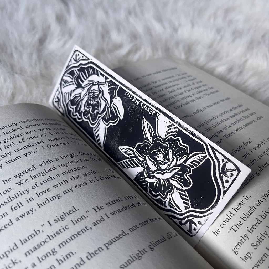 block printed peony bookmark - double sided